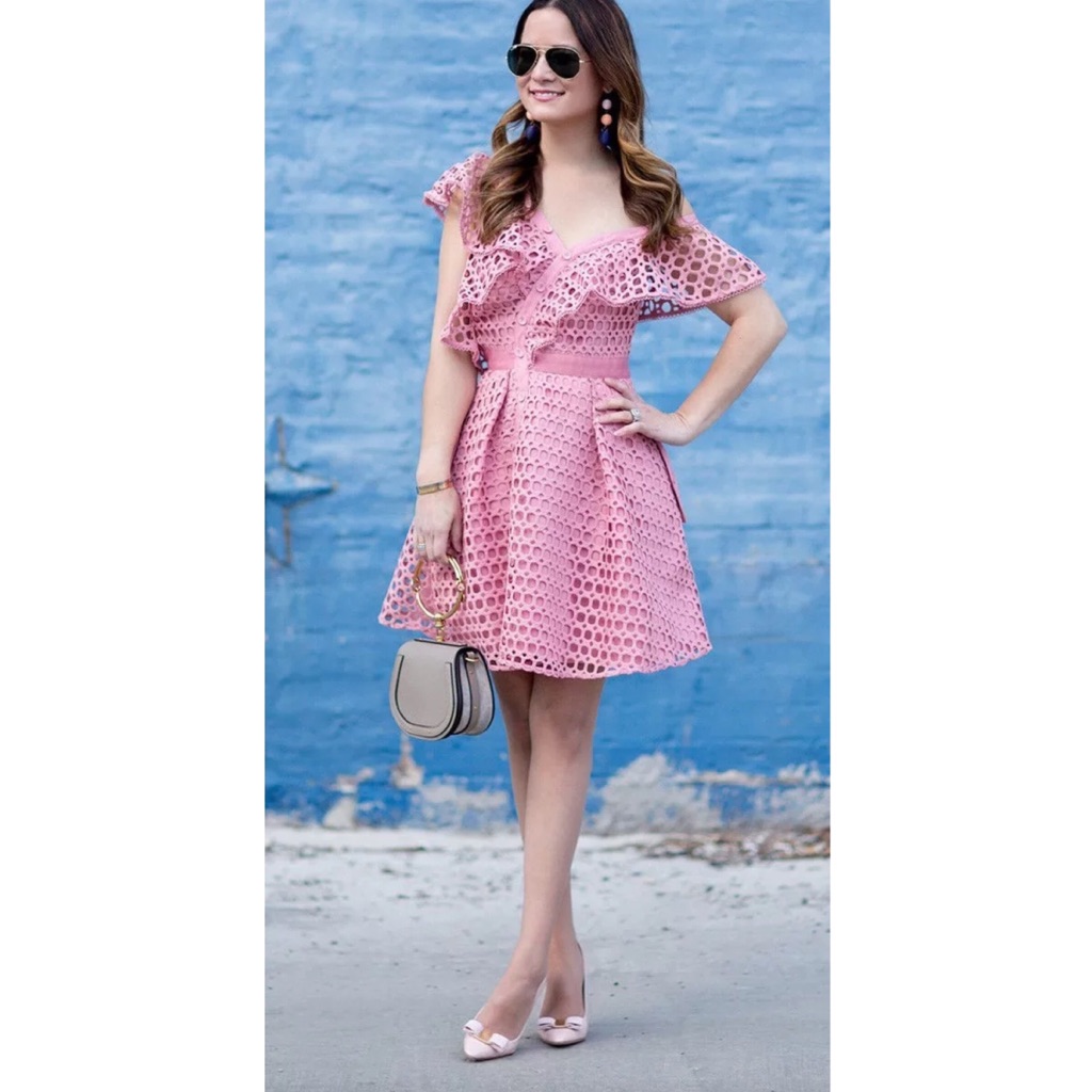 Self Portrait One Shoulder Ruffled Lace Dress